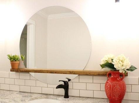 This DIY floating shelf mirror is so easy to make, but makes a huge impact--Woodshop Diaries Diy Simple Desk, Floating Mirror, Cheap Mirrors, Mirror Shelf, Mirror Frame Diy, Bathroom Mirror Frame, Wood Crafting Tools, Frame Diy, Bathroom Furnishings