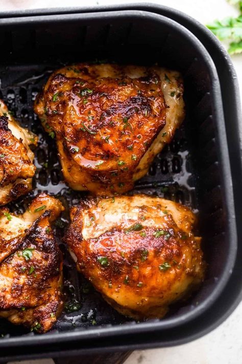 These Air Fryer Chicken Thighs are delicious, quick, and seriously crispy! With plenty of garlic and herbs, air fried chicken thighs make for an amazing meal. Crispy Air Fryer Chicken Thighs, Fried Chicken Thigh Recipes, Air Fryer Recipes Chicken Thighs, Crispy Air Fryer Chicken, Maple Chicken, Air Fryer Fried Chicken, Bbq Chicken Thighs, Air Fryer Chicken Thighs, Roasted Chicken Thighs