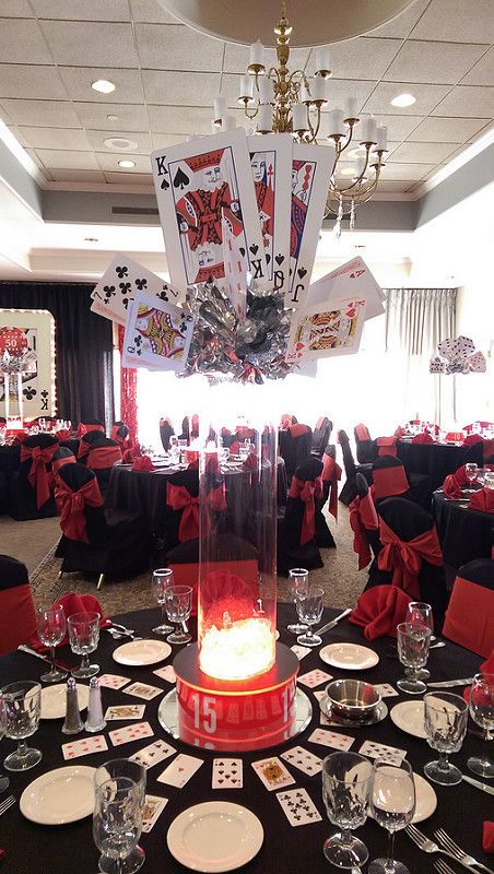 Black and Red Casino Party Centerpiece | The Prop Factory | Flickr Casino Night Food, Casino Party Foods, Casino Party Decorations, Casino Table, Poker Party, Casino Decorations, Casino Royale Party, Event Centerpiece, Party Centerpiece