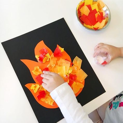 This tissue paper fire craft for #mpkpreschool was an adorable craft that incorporated lots of fine motor skill practice. Great for tot school, preschool, or even kindergarten! 👨🏼‍🚒 . Find this and more Fire Safety themed preschool activities here: bit.ly/PreschoolFireSafety . or click the link in my profile Fire Hat Craft Preschool, Tissue Paper Fire, Fire Safety Preschool Crafts, Fire Safety Preschool, Fire Crafts, Paper Fire, Tissue Paper Craft, Preschool Art Projects, Preschool Circle Time