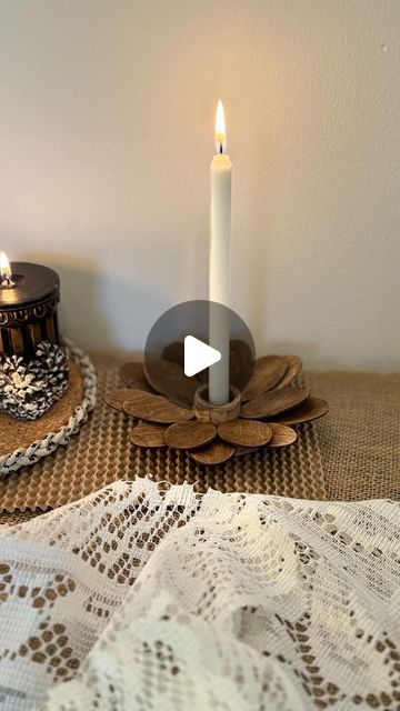 Asma Wali on Instagram: "Making candle holder using disposable wooden spoons ✨ 💫There is nothing better than stumbling upon random items  at dollar shop and realizing it could be such a great project. I stained spoons with coffee mixture. In my top pinned project I explained it in detail. You can check highlights for more details. I made a round base from popsicle sticks, cut spoons and glued them on base. In center I used wooden candle holder. You can use metal lids for base as a substitute and any perfume lid for candle holder. I covered the base with cotton twine to cover the edges. How sweet it looks! You can add any stain you like. You can also add gold leafing.   #festivedecor #homedecor #candleholder #dollartree #craftideas #diyideas #dollarstorediy #homedecorinspo #homedecoration Making Candle Holders, Candle Holder Crafts, Making Candle, Gold Leafing, Wooden Candle Holder, Eco Friendly Candles, Random Items, Diy Candle Holders, Wooden Candle