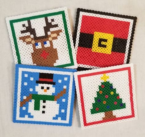 Perler coaster - 21x21 - 4x4 cork - holiday Perler Coasters, Hama Beads Coasters, Hama Beads Christmas, Xmas Beads, Christmas Perler Beads, Holiday Coasters, Easy Perler Beads Ideas, Cute Coasters, Perler Crafts