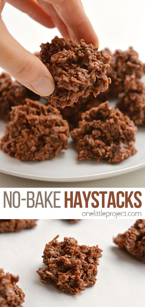 These no-bake chocolate haystacks cookies are SO EASY to make and they taste so good! This is such an awesome kid friendly snack recipe to make with the kids! Loaded with oats and coconut they make an excellent after school snack. They're hearty, reasonably healthy and kids love them! Plus they're super fast to put together! Chocolate Haystacks, Haystack Cookies, Haystacks Recipe, Christmas Baking Recipes, After School Snack, Kid Friendly Snack, School Snack, No Bake Snacks, No Bake Treats