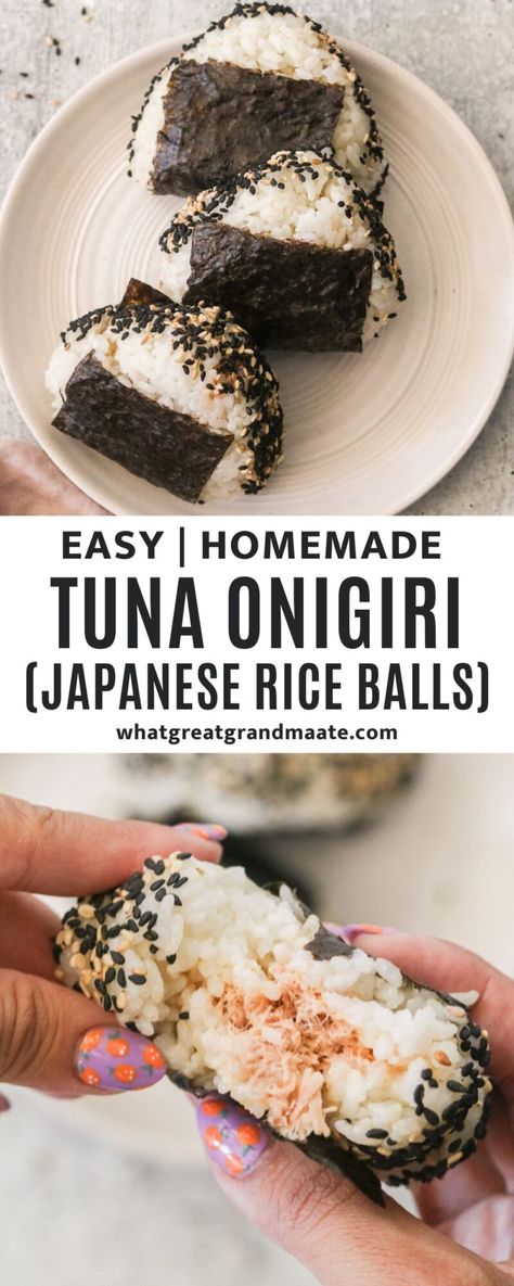 Tuna onigiri are Japanese rice balls stuffed with tuna, mayo, and sriracha, wrapped in nori, and sprinkled with toasted sesame seeds. A delicious, popular snack! Tuna Onigiri Recipe, Tuna Onigiri, Japanese Rice Balls, Paleo Seafood, Yummy Nummies, Onigiri Recipe, Tuna Rice, Tuna Mayo, Delicious Paleo Recipes