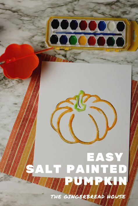 Easy salt painted pumpkin craft to make with kids this Halloween Free Pumpkin Template, Painting Activity For Kids, Watercolor Salt, Thanksgiving Stem Activities, Halloween Stem Activities, Pumpkin Watercolor, Halloween Art Projects, Preschool Fall, Salt Painting