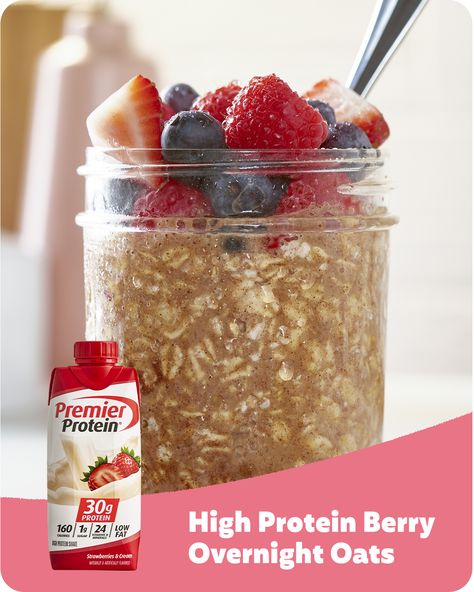 Oatmeal With Protein Shake, Overnight Oats Using Protein Shake, Strawberries And Cream Premier Protein Shake Recipes, Overnight Oats With Premier Protein Shakes, Premier Protein Shake Overnight Oats, Strawberry Premier Protein Shake Recipes, Strawberry Premier Protein Recipes, Premier Protein Breakfast, Premier Protein Overnight Oats Recipes