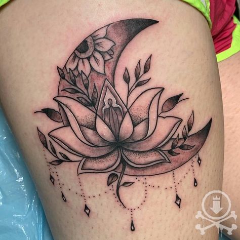 Lotus Flower And Sun Tattoo, Lotus Flower And Moon Tattoo, Flower And Moon Tattoo, Full Moon And Flower Tattoo, Lotus Flower Crescent Moon Tattoo, Black And Grey Moon Tattoo, Lotus Moon Tattoo, Moon And Lotus Tattoo, Lotus Flower Moon Tattoo Design