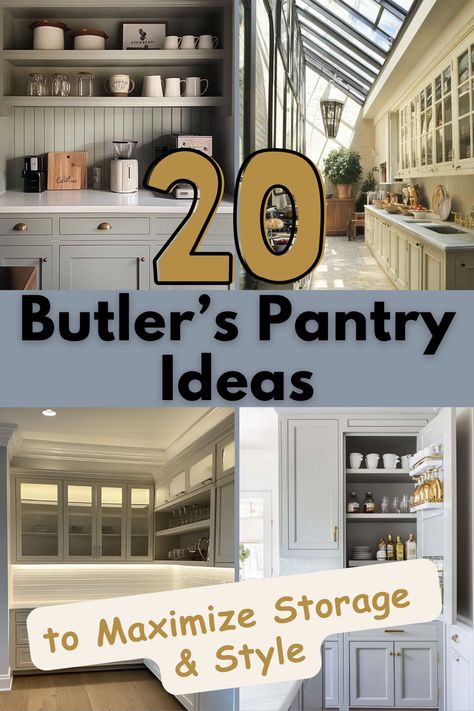 Say goodbye to clutter and hello to style with these 20 butler’s pantry ideas! Discover clever ways to enhance your space with custom cabinets, rolling carts, and more – perfect for anyone who loves a tidy and stylish kitchen! #ButlersPantryIdeas #KitchenOrganization #PantryInspiration #HomeDecorTips #KitchenDesign Farmhouse Butler Pantry Ideas, Building A Butlers Pantry, Pantry With Cabinets And Open Shelves, Coat Closet To Butlers Pantry, Open Butlers Pantry Ideas, Butler Pantry Must Haves, Pantry Cabinet Ideas Built Ins, Butlers Pantry Diy, Butlers Pantry Nook