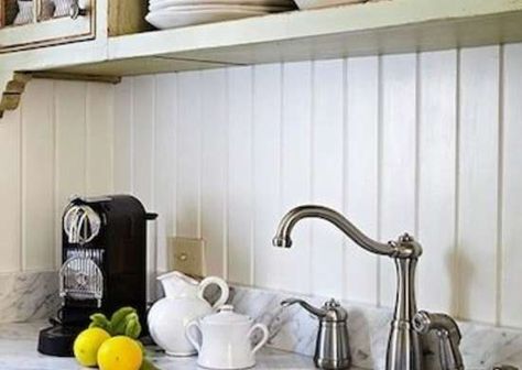 White Wood Paneling Beadboard Kitchen Backsplash, Farmhouse Kitchen Backsplash Ideas, Countertop Concrete, Beadboard Kitchen, White Wood Paneling, Trendy Farmhouse Kitchen, Farmhouse Kitchen Backsplash, Unique Kitchen Backsplash, Farmhouse Backsplash