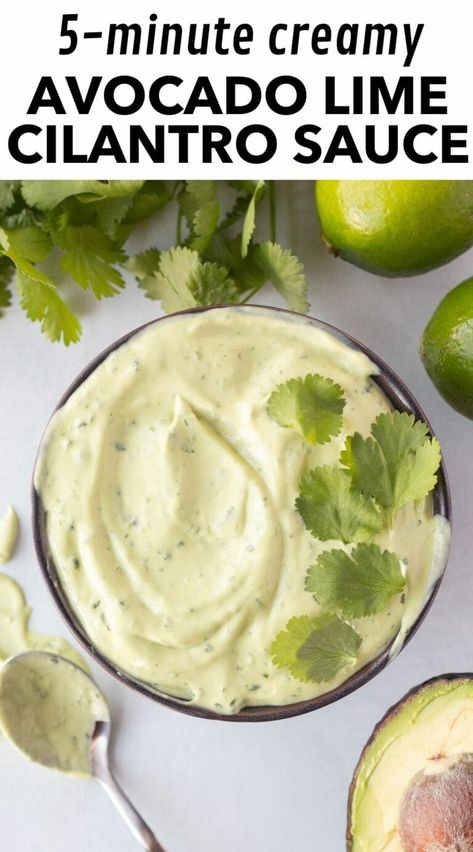 This creamy avocado cilantro lime sauce is easy to make, taking just 5 minutes from start to finish. With only 6 ingredients, it's simple to prepare in a blender or food processor. This versatile sauce doubles as a dipping sauce for chips and veggies or as a topping for fish tacos. Featuring a tangy lime flavor and a hint of cilantro, it adds freshness to any dish. Cilantro Lime Sauce For Tacos, Lime Sauce For Fish, Lime Sauce For Tacos, Taco Dipping Sauce, Sauce For Tacos, Avocado Cilantro Sauce, Avocado Dipping Sauce, Weekend Snacks, Grilled Fish Tacos