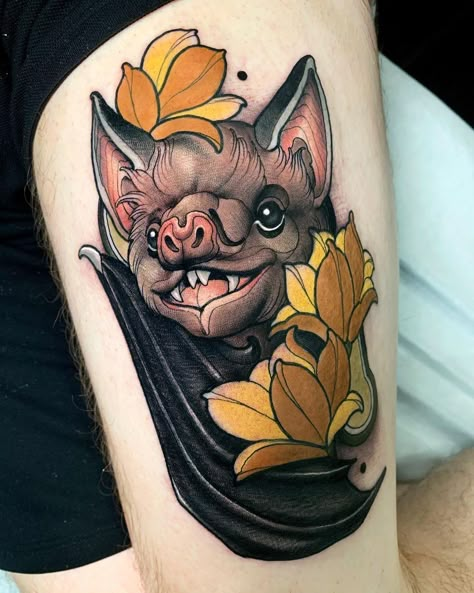 Neotraditional Bat Tattoo Design, Neotraditional Bat Tattoo, Neo Traditional Bat Tattoo, Bats Tattoo Design, Animal Sleeve Tattoo, Underboob Tattoo, Bat Tattoo, Halloween Tattoos, Halloween Treat