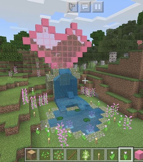 Pink World Minecraft, Heart Shaped Minecraft Builds, Heart Fountain Minecraft, Heart Lake Minecraft, Pink Castle Minecraft, Minecraft Crops Ideas, Minecraft Romantic Ideas, Minecraft Pink Castle, Minecraft Heart Build