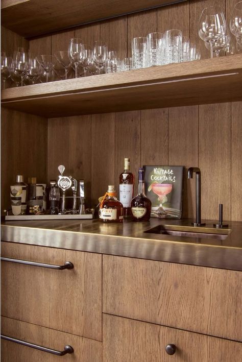 Wet Bar Modern, Bar Modern, Oak Bar, Faucets Kitchen, Elegant Architecture, Home Bar Design, Bar Faucet, Bar Faucets, Home Bar Designs