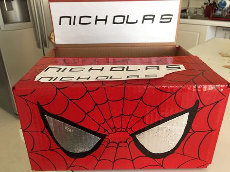 Valentine's Day card box for my boy. Spray paint a box, draw on spider web lines and eyes. Simple and he loves it!!! Spider Valentine Box Ideas, Spidey Valentine Box Ideas, Spider Man Valentine Box Ideas, Spiderman Valentine Box Ideas, Leprechaun Trap Project, Valentine Box Ideas, Kids Valentine Boxes, Valentine Card Box, Valentine Boxes