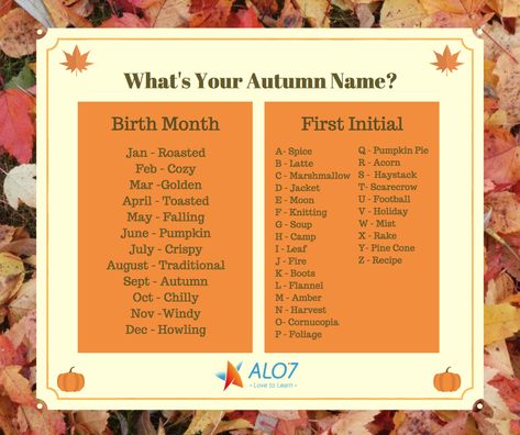 Fall is on the way! Check out this graphic and share your autumn name with us! This works great as a class warm-up. #ALO7 #education #learning #kids #English #ESL #LearnEnglish #EducationalGames #Fall #Autumn #Leaves Autumn Names, Autumn Name, Fall Business, Esl Games, Fall Lessons, Name Generator, English Class, Educational Games, Pampered Chef