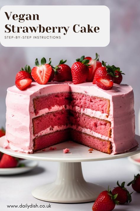 Vegan Strawberry Cake Best Vegan Cake, Vegan Strawberry Cake, Strawberry Buttercream Frosting, Dairy Free Frosting, Strawberry Birthday Cake, Vegan Buttercream, Dairy Free Baking, Vegan Birthday Cake, Fluffy Cake