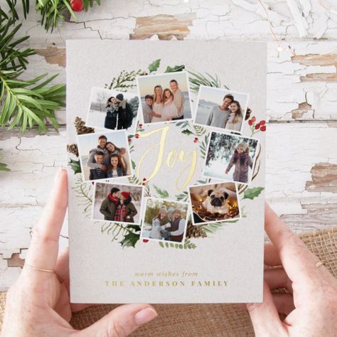 Christmas Photo Collage, Christmas Card With Photo, Holiday Card Design, Watercolor Foliage, Unique Christmas Cards, Photo Collage Design, Scrap Ideas, Script Typography, Holiday Design Card