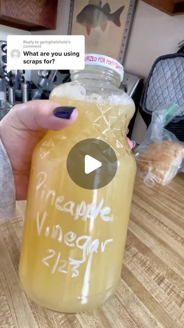 Optimistic Kitchen on Instagram: "Pineapple Vinegar is now my favorite vinegar! Not only did it make the best pickled jalapeños, it made yummy pineapple vinaigrettes and marinades. Now that I’ve made several different vinegars from scraps , I think the ph test strips are unnecessary (and I should not have put the strip in the whole bottle of it). Just let it ferment until it smells like vinegar and you’re good to go.😋🍍#OptimisticKitchen #happyeating #makeyourkitchenyourhappyplace #ReduceFoodWaste #zerowaste #HomeCook #FromScratch #HomeCooking #preserving #homemadevinegar #easyrecipe #pineapplevinegar #pineapple #fermentation #pineapplescraps" Pineapple Vinegar, Vinegar Uses, Pickling Jalapenos, Fruit Juices, Reduce Food Waste, Fruit Juice, Home Cooking, Pickles, Vinegar