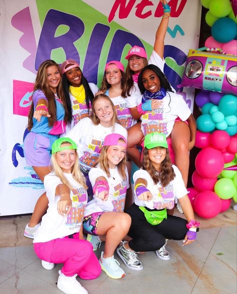 Retro Sorority Theme, 80s Sorority Theme, 80s Bid Day Theme Sorority, Work Week Sorority, Colorful Bid Day Theme, Work Week Themes Sorority, Live Life In Color Bid Day, New Bids On The Block Bid Day, Spirit Week Themes