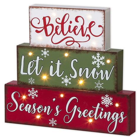 Glitzhome Led Lighted Season's Greetings Block Word Sign - Add cheer and holiday warmth to your home with these LED Lighted Wood/Metal Block Word Signs from Glitzhome. Skillfully crafted and painted by hand, these lighted block signs features the words BELIEVE, LET IT SNOW and SEASONS GREETINGS Snow Season, Wooden Signs With Sayings, Holiday Words, Christmas Blocks, Christmas Tabletop Decor, Season Greetings, Christmas Tabletop, Harvest Thanksgiving, Holiday Table Decorations