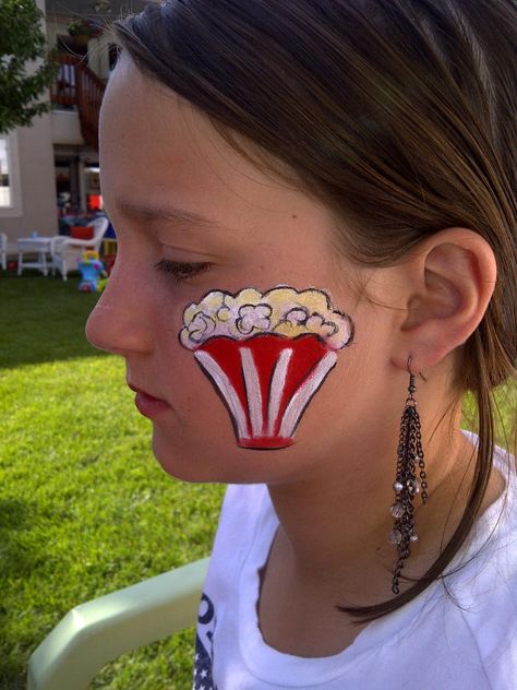 Popcorn Face Paint #facepaint Popcorn Face Paint, Circus Theme Face Painting, Circus Face Painting Ideas, Face Paint Cheek Art, Circus Face Paint, Face Painting For Boys, Circus Crafts, English Day, Cheek Art