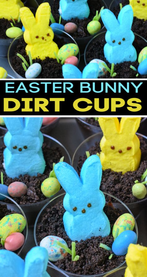 Dirt Cups Easter, Oreo Dirt Cups, Easter Bunny Desserts, Easter Oreos, Bunny Desserts, Chocolate Pudding Cups, Easter Deserts, Edible Grass, Oreo Dirt