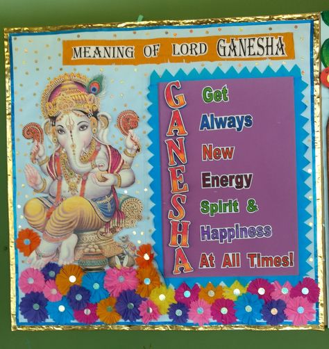 Ganesha means Ganesh Chaturthi Soft Board Decoration, Ganpati Bulletin Board Ideas, Ganesha Chart For School, Ganesha Board Decoration, Ganesh Chaturthi Notice Board Decoration, Ganesh Chaturthi Chart Ideas, Ganesh Chaturthi Board Decoration Ideas, Ganesh Chaturthi Bulletin Board, Ganesh Chaturthi Board Decoration