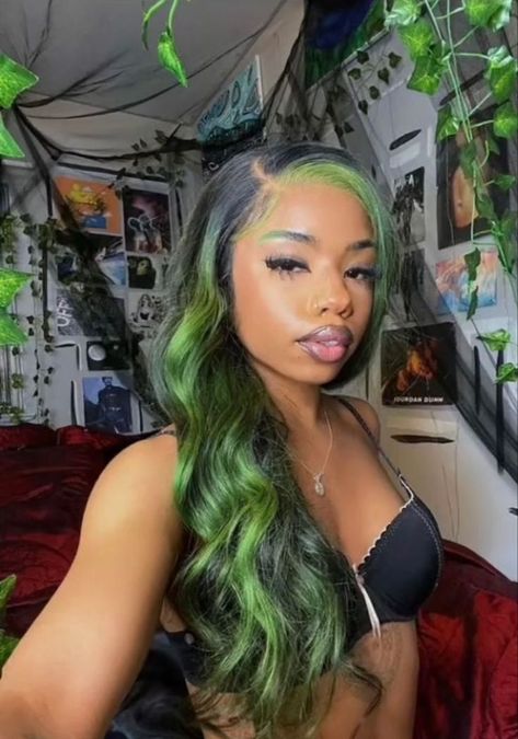 Black And Green Wigs, Shego Green Hair, Green Hair Hairstyles, Green Highlights Black Women, Black And Green Lace Front Wigs, Shego Inspired Hair, Green Sew In, Shego Wig, Green And Brown Hair Color