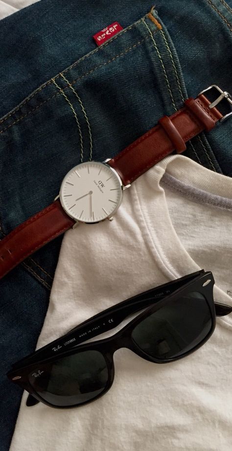 Staples - jeans, white tee, shades and a Daniel Wellington St Mawes - Use promo code "firsten" at danielwellington.com to get 15% off all products through July 31, 2015 Wellington Outfit, Daniel Wellington Outfit, Mens Watches Classy, Daniel Wellington Men, Daniel Wellington Watch Men, Minimalist Fashion Men, Daniel Wellington Watch, Khaki Pants Men, December 30