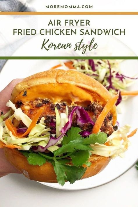 Try this air fryer fried chicken sandwich Korean style and experience Asian flavors of spicy, sweet, salty and sour flavors. It’s a unique and delicious way to make a fried chicken sandwich. This Korean air fryer fried chicken sandwich is a show stopper. Let’s dive into everything you need to know to make this yummy recipe in this post. | Quick Dinner Korean Fried Chicken Sandwich, Fried Chicken Coating, Quick Dinner Rolls, Korean Fried Chicken Recipe, Quick Chicken Dinner, Air Fryer Fried Chicken, Frozen Chicken Wings, Making Fried Chicken, Korean Air