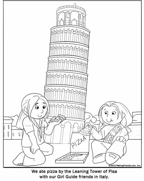 Italian Girl Guide Coloring Page  for Italy. Print multiple copies to use as a gathering activity to help get girls acquainted with each other and the style of Girl Guides in Greece. Girls color then use as a decoration for their World Thinking Day or International celebration. Free printable available at MakingFriends®.com World Thinking Day Ideas, Italy Crafts, Girl Scouts Cadettes, Christmas In Italy, Italian Girl, Daisy Scouts, World Thinking Day, Flag Coloring Pages, Girl Scout Swap