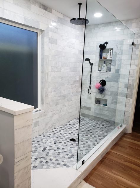 Master Bath Large Shower Ideas, Open Shower No Door, Walk In Shower No Door Two Shower Heads, Standing Glass Shower Ideas, Master Bath With Walk In Shower Layout, Shower With Big Window, Extended Shower Master Bath, No Door Shower Ideas Walk In Master Bath, Walk In Doorless Shower Ideas