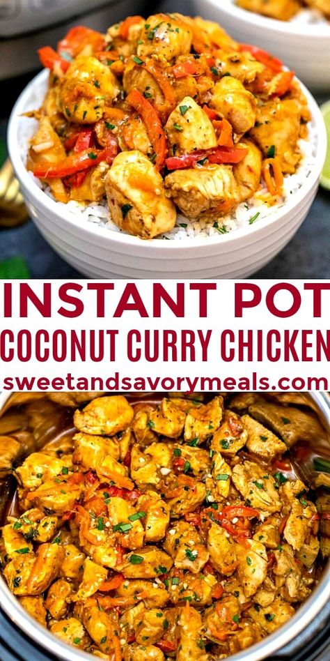 Instant Pot Coconut Curry Chicken is flavorful, perfectly tender, creamy, and spiced, and also packed with healthy ingredients! Coconut Chicken Curry Instant Pot, Instant Pot Curry Chicken Coconut Milk, Indian Chicken Instant Pot, Thai Coconut Curry Chicken Instant Pot, Instapot Thai Chicken Curry, Chicken Thigh Coconut Curry, Chicken Curry Recipe Instant Pot, Instant Pot Chicken Thigh Curry Recipes, Instant Pot Chicken Curry Recipes