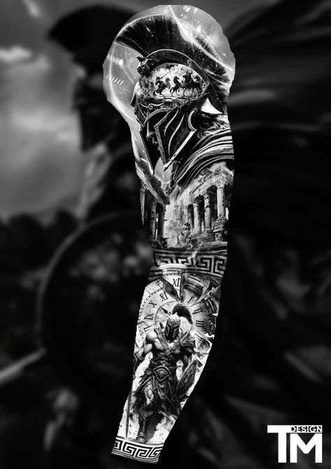 I Am A Warrior Tattoo, Greek Warrior Tattoo Sleeve, Leg Sleeve Tattoo Ideas Men, Lone Warrior Tattoo, Roman Soldiers Tattoo, Greek Half Sleeve Tattoo, Spartan Arm Tattoo, Spartan Leg Tattoo, Greek Spartan Tattoo