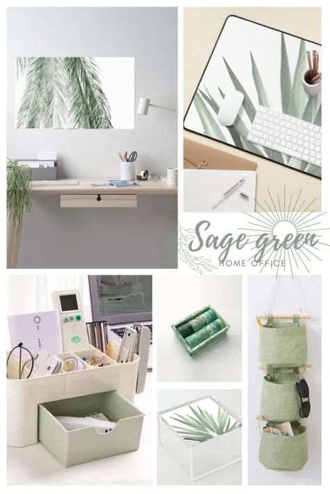 Light Green Office Decor, Green Desk Aesthetic Office, Sage And Gold Office, Eucalyptus Office Theme, Sage Home Office Ideas, Green And Cream Office, Sage Green Cubicle Decor, Sage Green Desk Decor, Sage Office Decor