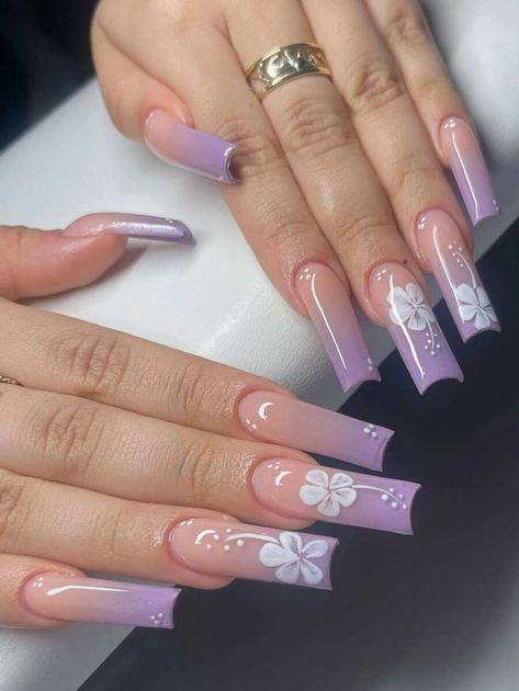 24pcs Gradient Purple Flower Coffin Nail Decorations & 1pc Double-sided Tape & 1pc Nail File | SHEIN USA Purple Sets Nails, Medium Nails Purple, Nail Inspo Square Pink, Purple French Tip Nails Acrylic, Purple Nail Inspo Acrylic, Purple Square Nails, Trendy Nails Purple, Nail Gradient, Friends Nails