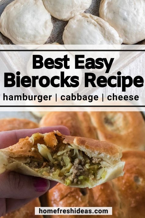 Flaky bread, ground beef, cabbage, and cheese create the Easiest Bierocks Recipe in the world! The secret is starting with frozen dinner rolls. This simple recipe is sure to be a family favorite. #bierocks #easy #bierocksrecipe #runzas #homefreshideas Easy Bierocks Recipe, Easy Bierocks, Bierox Recipe, Hamburger And Cabbage, Beerock Recipe, Bierocks Recipe Easy, Cabbage And Cheese, Runzas Recipe, Bierocks Recipe