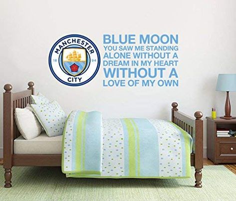 Official Manchester City FC Merchandise.  Made in Manchester, UK.  Easy to apply, easy to remove, and will not damage your walls!  Perfect for your bedroom, office, playroom or home.  Exclusively Licensed & Available from BeautifulGame.co.uk   #mancity #manchester #manchestercity #mcfc #mancityfc Manchester Football, City Bedroom, Football Bedroom, I Stand Alone, Football Wall Art, Moon Song, Manchester City Football Club, Etihad Stadium, Football Wall