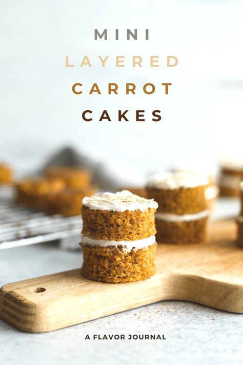 mini layered carrot cakes are easy and fun to make! they're the perfect hands-on recipe for Easter, or really any time of year. Layered Carrot Cake, Mini Carrot Cakes, Carrot Cake Dessert, Easter Cupcakes Easy, Mini Carrot Cake, Mini Cake Recipe, Sweets Ideas, Chocolate Peanut Butter Desserts, New Year's Desserts