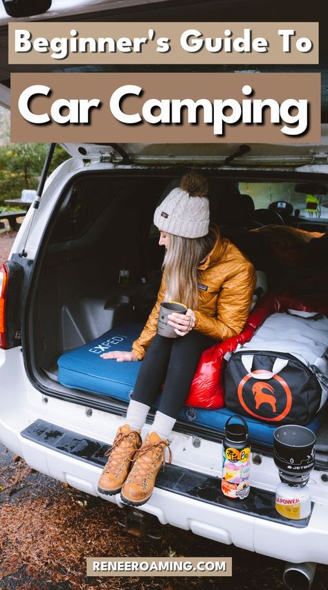 A woman drinking coffee in the back of her SUV on top of her sleeping pad during a car camping trip. Linked to a Beginner's Guide To Car Camping. Rav4 Camping, Camping Basics, Car Camping Organization, Renee Roaming, Car On Road, Car Camping Essentials, Sleeping In Your Car, Car Tent Camping, Minivan Camping