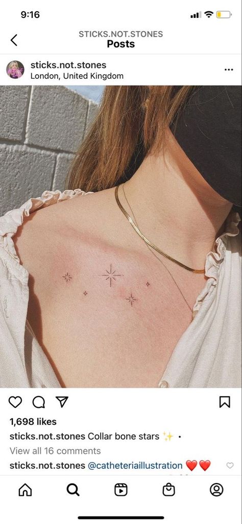 Under Collar Bone Tattoos, Best Feminine Tattoos, Star Tattoo On Shoulder, Simple Shoulder Tattoo, Woman Angel, Colour Tattoo For Women, Sparkle Tattoo, Small Star Tattoos, Shoulder Blade Tattoo