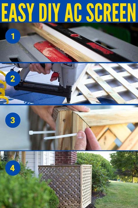 How to make an easy DIY AC Screen with lattice and zip ties to cover your outside AC unit. Hide your air conditioning unit with this simple DIY project! Ac Unit Cover Outdoor Diy Lattice, Hide Ac Units, Ac Screen, Diy Lattice, Air Conditioner Screen, Air Conditioner Cover Outdoor, Air Conditioner Hide, Ac Unit Cover, Diy Ac