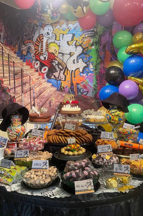 90’s thene birthday party dessert table buffet with foos signs 2000s Dessert Table, 90s Hip Hop Party Food, 90's Vs 2000's Party, Decades Party Food, Freaknik Birthday Party, 90s Theme Birthday Party Ideas, 90s Cookout Theme Party, Birthday Party 90s Theme, Hip Hop Party Ideas