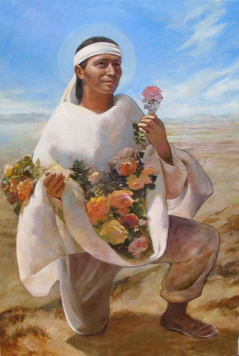 Juan Diego with Our Lady's flowers. Martha Orozco SJuanD. Saint Juan Diego, Juan Diego, Virgin Of Guadalupe, Blessed Mother Mary, Holy Mary, Catholic Prayers, Blessed Virgin Mary, Catholic Art, Patron Saints