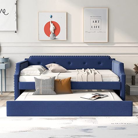 Amazon.com: P PURLOVE Twin Upholstered Daybed with Trundle, Upholstered Daybed Frame Sofa Bed with Wood Slat Support, Blue : Home & Kitchen Sofa Bed Blue, Trundle Mattress, Sofa Bed Frame, Twin Daybed With Trundle, Daybed Bedding, Daybed Mattress, Daybed With Storage, Cozy Sofa, Upholstered Daybed