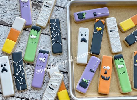 Halloween Stick Cookies Decorated, Royal Icing Square Cookies, Halloween Stick Cookies, Fall Cookie Sticks, Halloween Cookie Sticks Decorated, Halloween Cookie Sticks, Cookie Flips, Stick Cookies, Fall Decorated Cookies