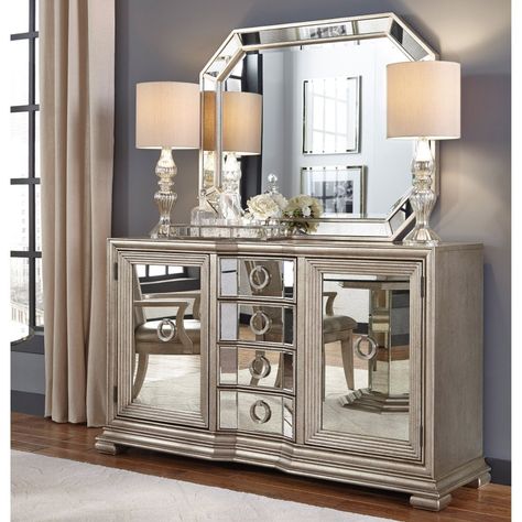 Pulaski Couture 4 Drawer Sideboard with Optional Mirror Mirrored Furniture Decor, Sideboard Decor, Mirrored Sideboard, Mirror Panels, Glam Living Room, Luxury Dining Room, Luxury Dining, Mirrored Furniture, Dining Room Design