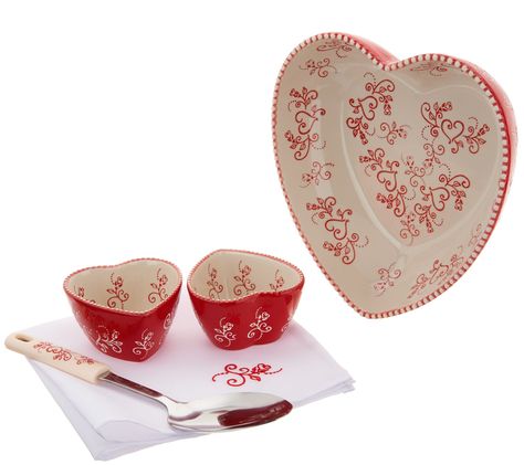 Temptations Bakeware, Valentine Table, Valentine Table Decorations, Mason Cash, Embroidered Napkins, Holiday Kitchen, House Things, Red Kitchen, China Painting