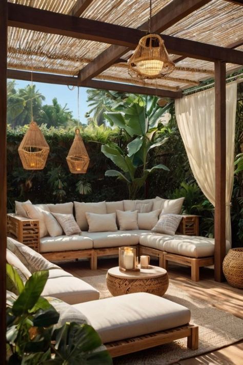 Chic outdoor decor with string lights and rattan furniture. Tropical Patio Furniture, Modern Deck Furniture Ideas, Tropical Small Backyard, Tulum Inspired Backyard, Modern Deck Furniture, Boho Backyard Patio, Small Tropical Backyard, Lanai Decorating Ideas, Lanai Ideas