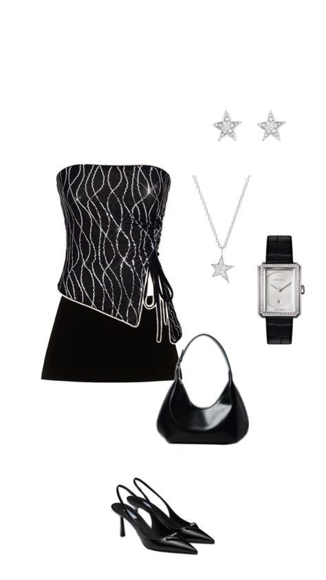 #outfit #outfitidea #outfitideas #outfitinspiration #elegant #style #fashion #clothes #party #black #partyoutfit Party Outfit Layout, House Party Outfit Casual, Casual Elegant Outfits, House Party Outfit, Chic Fits, White Party Outfit, Black White Parties, Random Outfits, Fancy Clothes